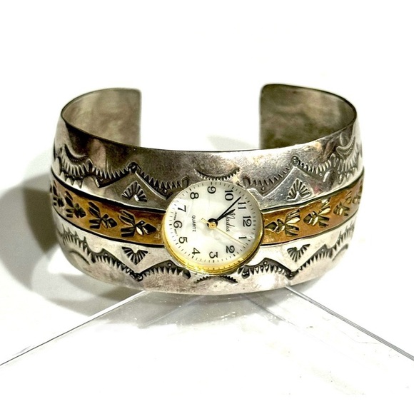 Signed - Ken & Mary Bill Navajo Vntg Sterling Silver Gold Wash Watch Cuff - Picture 1 of 12